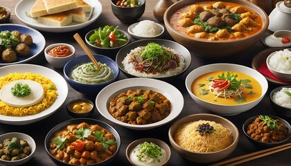 Fototapeta premium Render a delicious spread of international cuisine, showcasing diverse dishes from around the world.