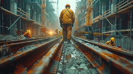 A drone view of a high-rise construction site, with cranes, partially completed floors, and workers assembling steel beams. Realistic and minimalist, highlighting the complexity 