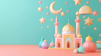 3D illustration lowpolly wallpaper for Islamic mosques, cute shapes, pastel colors, for Ramadan theme banners. Eid Fitr, Islamic New Year, Eid al-Adha, HD, 16K, 