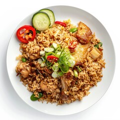 Spicy Indonesian fried rice served with chicken, top view, isolated on white