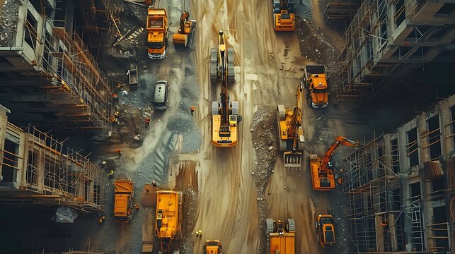 An aerial perspective from a drone over a bustling construction site, capturing the coordination of workers and machinery in a structured environment. Minimalist design with realistic elements