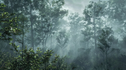 A dense forest shrouded in mist landscape