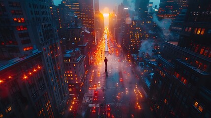 Obraz premium Drone perspective over a cityscape at dusk, highlighting tall buildings and their reflections on glass surfaces, with streetlights and traffic lights creating a vibrant pattern