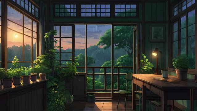 nature, room view ,music, song, mtv, mv, peaceful, rain, tree, plant, green, night, rainy, lamplight, studying, peaceful, working, rainy season, working at table, computer, cafe, laptop, desk, wo