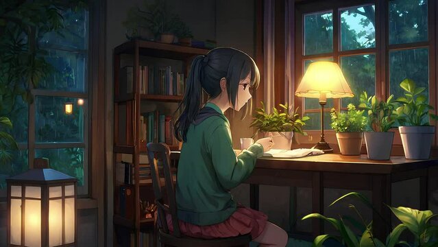 anime girl, lofi girls, music, song, mtv, mv, peaceful, rain, tree, plant, green, night, rainy, lamplight, studying, peaceful, working, rainy season, working at table, computer, cafe, laptop, desk, 