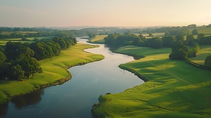 Fototapeta premium Drone perspective over a tranquil rural landscape with gently rolling hills, scattered farmhouses, and a meandering river. Minimalist and realistic, emphasizing the natural beauty