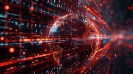 A computer screen shows a red globe with a black outline