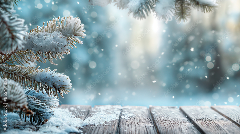 Aufkleber snow falling on wooden table with pine tree branches covered in snow