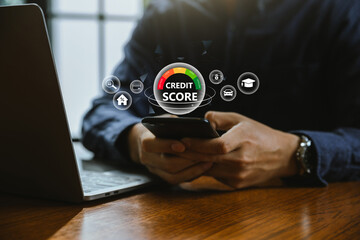 Credit score concept, Businessman using smartphone with credit score for checking rating for business and personal loan.