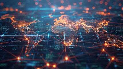 A computer generated image of a world map with many lines and dots