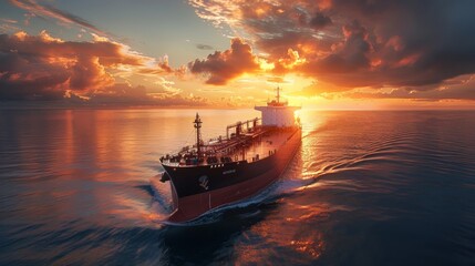Naklejka premium Majestic Dawn Voyage: Large Dry Cargo Ship Sailing Across Open Ocean Under Early Morning Skies