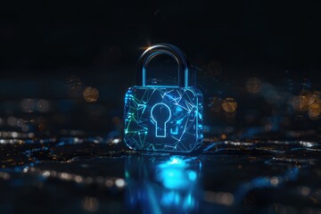 Blue padlock with keyhole digital icon on black background. Personal data security and information privacy concept