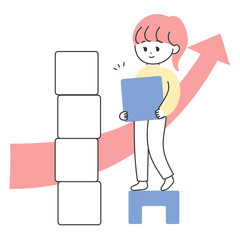 積み木を積み上げる若い女性のイラスト