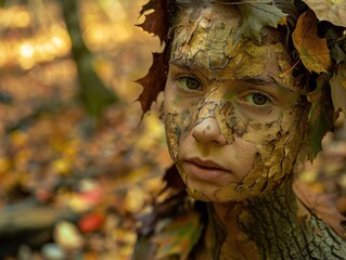 Autumn nature portrait of a person with leaves