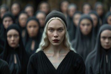 Fototapeta premium Mysterious woman in black clothing surrounded by crowd
