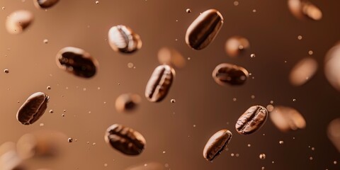 Fototapeta premium Floating coffee beans in mid-air with a brown background. Coffee and food photography concept