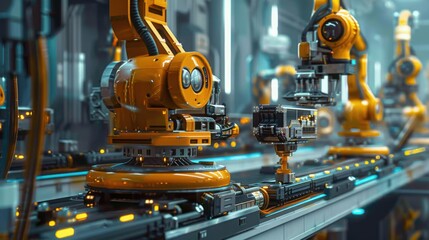 A factory with robots working on a conveyor belt