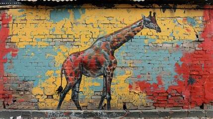 Street graffiti on brick wall, colorful girrafe