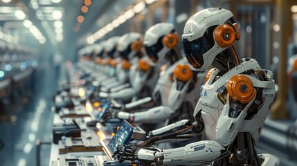 Fototapeta premium A robot is working in a factory with other robots