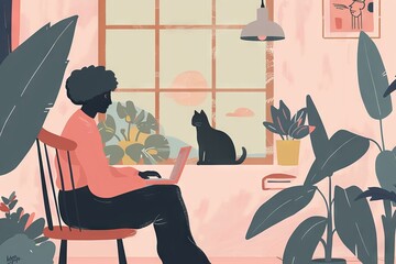 Serene home office setting with a person working on a laptop in a plant-filled room, conveying a peaceful work-from-home environment.

