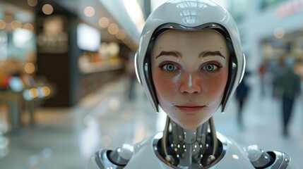 Fototapeta premium Futuristic Customer Service: AI-Powered Humanoid with Friendly Expression in a Modern Retail Environment Enhancing Consumer Experience