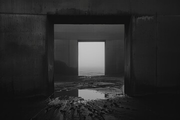 View through a concrete passage leading to a foggy outside, symbolizing transition and mystery in a monochrome tone.

