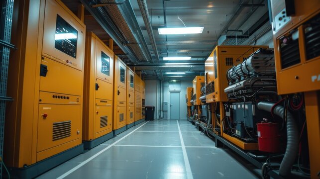 A large room with many orange electrical boxes