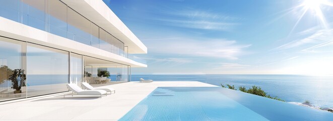Fototapeta premium A white modern mansion with large windows and a swimming pool on the beach