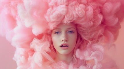 surreal cotton candy hair stunning woman with voluminous pink cloudlike tresses creative portrait photography