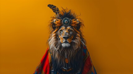 Naklejka premium Majestic Lion in Tribal Feathered Headdress,Powerful Predator with Fierce Expression