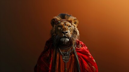 Majestic Lion Shaman in Ceremonial Red Robe,Dramatic Portrait Against Fiery Background