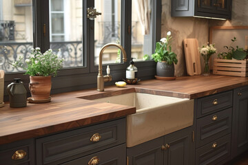 Gray kitchen with wooden countertops and modern appliances