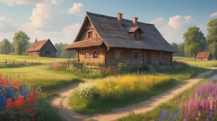 Obraz premium An oil painting depicting a summer landscape of the Polish countryside