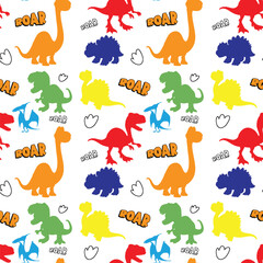 Obraz premium Bright dinosaurs with playful 'roar' text