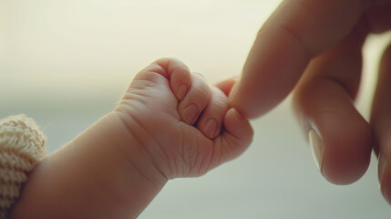Innocence Grasped: Macro Shot of Newborn Baby Holding Adult Finger in Warm Light, Reflecting Purity and Tenderness
