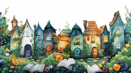 Watercolor painting of a lovely village scene. Bright pastel colors overlapping, bustling with activities. These houses have an unusual design. There are various architectural styles. ,Watercolor arch