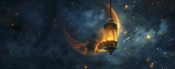 Naklejka premium Hanging lantern with crescent moon in a starry night sky, celestial dreamscape concept