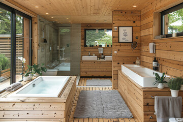 Gray and Wooden Bathroom with Tub