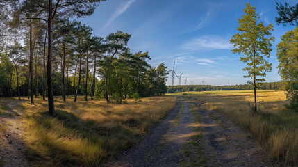 Obraz premium A field with trees and a road in the middle