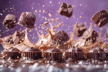 Assorted chocolate pieces breaking and splashing in milk with a purple background.