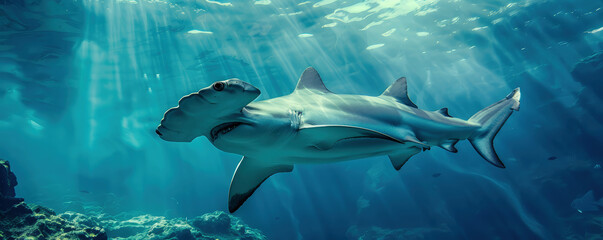 Obraz premium Hammerhead Shark swimming underwater under sea life with sunbeams 