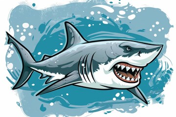 Naklejka premium Cartoon cute doodles of an irritable shark showing its sharp teeth underwater, Generative AI