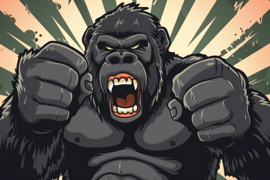 Cartoon cute doodles of an irate gorilla pounding its chest with clenched fists, Generative AI