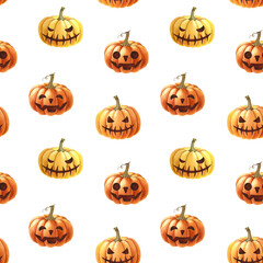 Halloween scary pumpkin heads seamless pattern. Watercolor illustration. Hand drawn funny orange pumpkin seamless pattern. Halloween holiday element festive symbol. White background