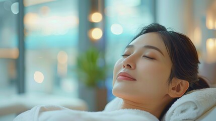 Serenity at the Spa: Relaxed Asian Woman Lying in Spa Salon, Anticipating a Soothing Massage