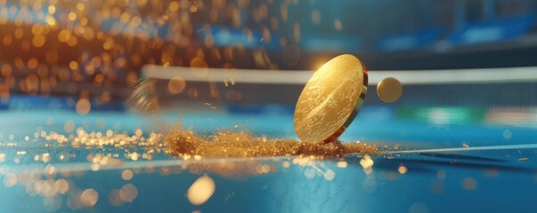 Table tennis gold medal, indoor arena, dynamic closeup