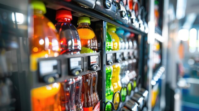 Close-up of a colorful vending machine filled with various chilled drinks in plastic bottles arranged neatly on display.