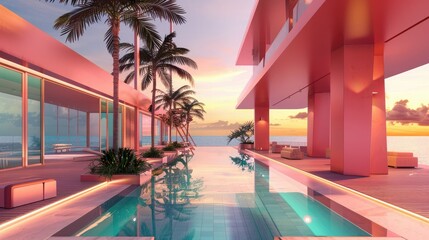 Modern luxury beachfront villa with an infinity pool, palm trees, and stunning ocean views at sunset, offering a serene tropical retreat.