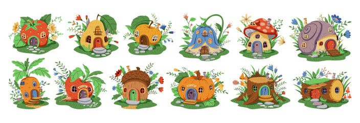 Obraz premium Large set of various fairy houses of gnome or fairy. A house on a green lawn decorated with flowers and leaves. The house has a wooden door and windows