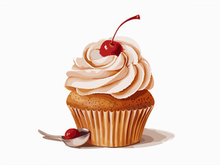 Vector illustration of decorated cupcake topped with creamy frosting and a cherry, accompanied by a small spoon with a cherry on it.